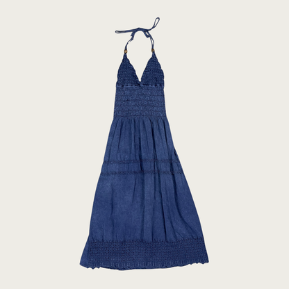 (S) Blue Lightweight Cotton Denim Halter Maxi Dress