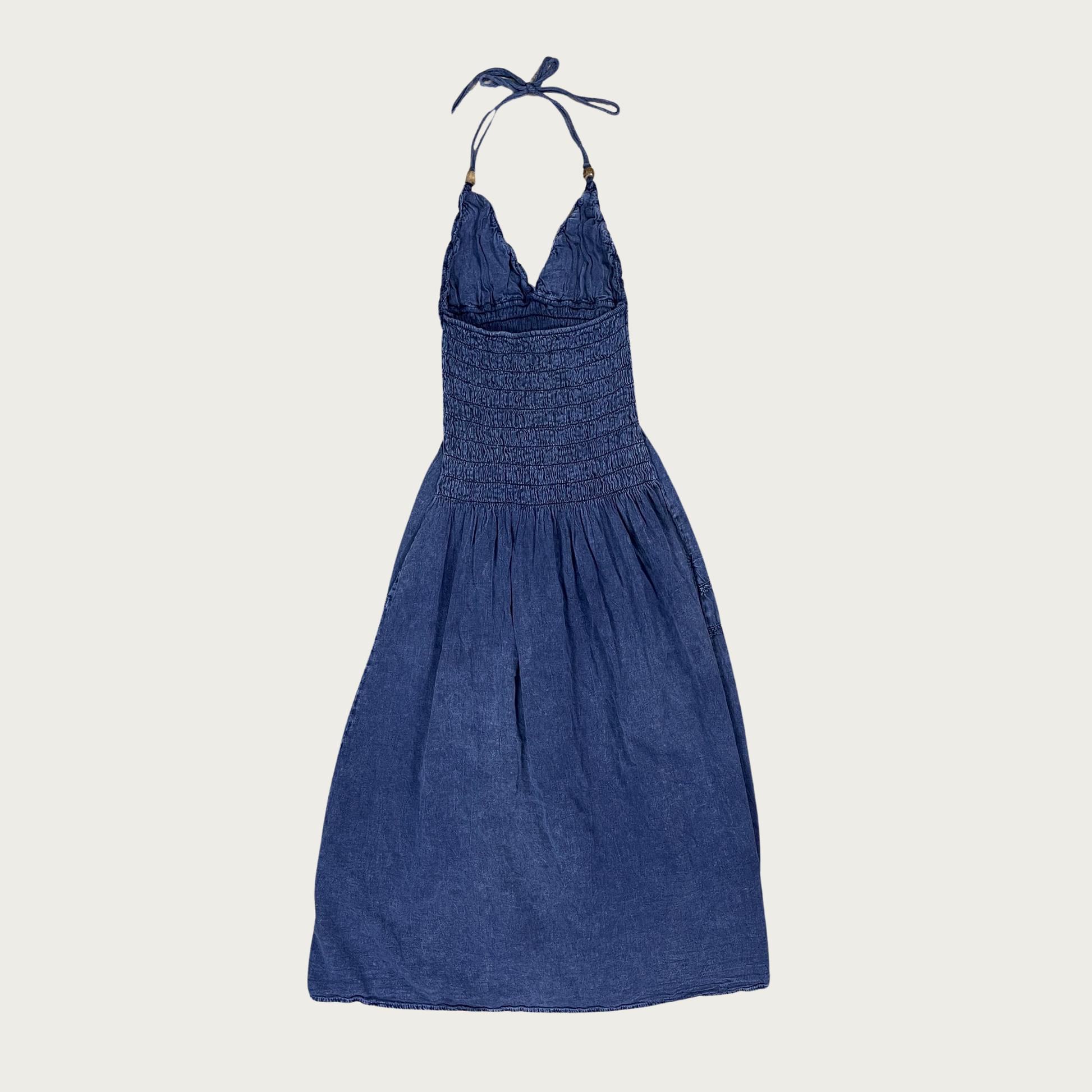 (S) Blue Lightweight Cotton Denim Halter Maxi Dress (S) Blue Lightweight Cotton Denim Halter Maxi Dress