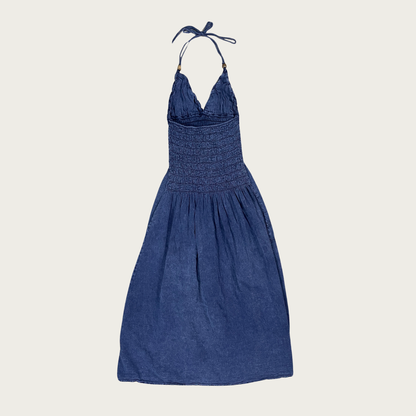 (S) Blue Lightweight Cotton Denim Halter Maxi Dress