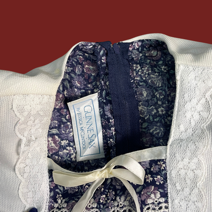(S) Gunne Sax Navy Blue Floral Drop Waist Collared Dress