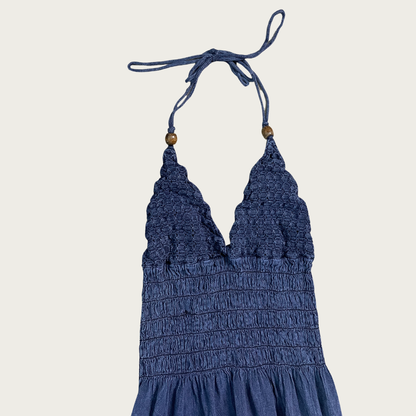(S) Blue Lightweight Cotton Denim Halter Maxi Dress