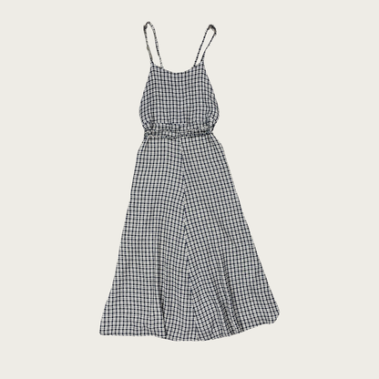 (S) Navy Blue and Cream Plaid Backless Wrap Dress