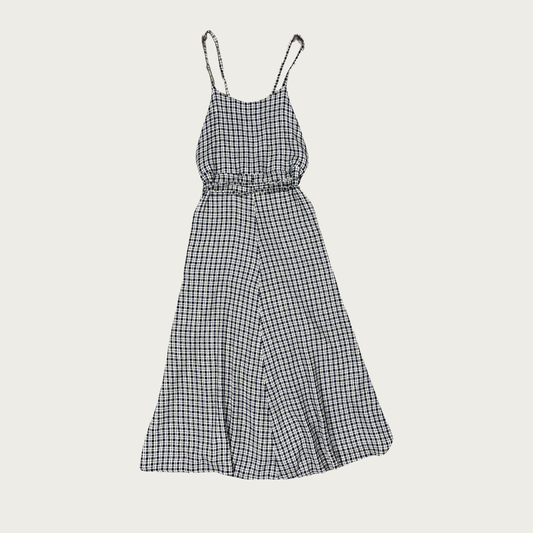 (S) Navy Blue and Cream Plaid Backless Wrap Dress