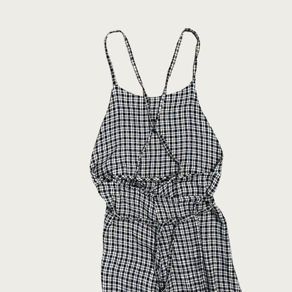 (S) Navy Blue and Cream Plaid Backless Wrap Dress