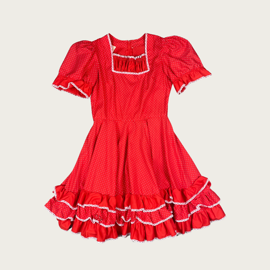 (M/L) Red Polka Dot Vintage Square Dancing Ruffle Dress