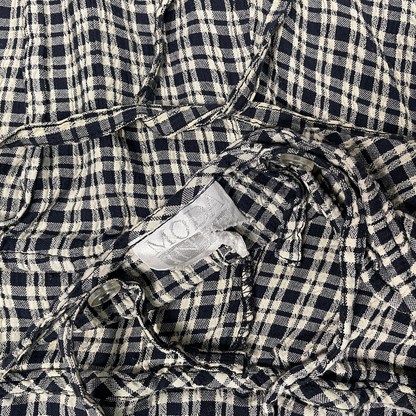 (S) Navy Blue and Cream Plaid Backless Wrap Dress
