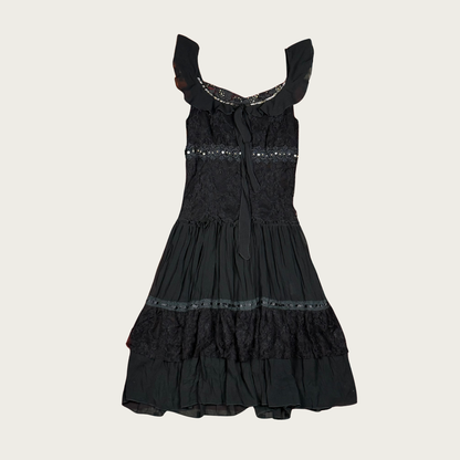 (S) 90s/Y2K Black Lace Beaded Ruffle Midi Dress