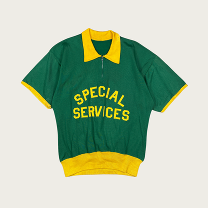 (M) 60s/70s "Special Services" Green and Yellow Zip Polo