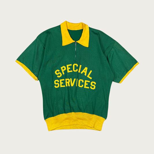 (M) 60s/70s "Special Services" Green and Yellow Zip Polo