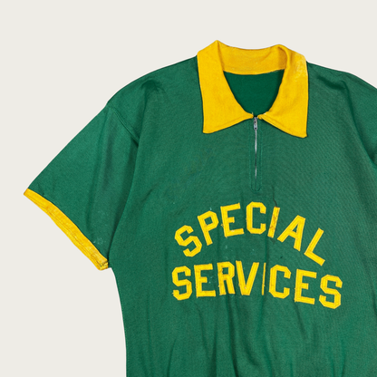 (M) 60s/70s "Special Services" Green and Yellow Zip Polo