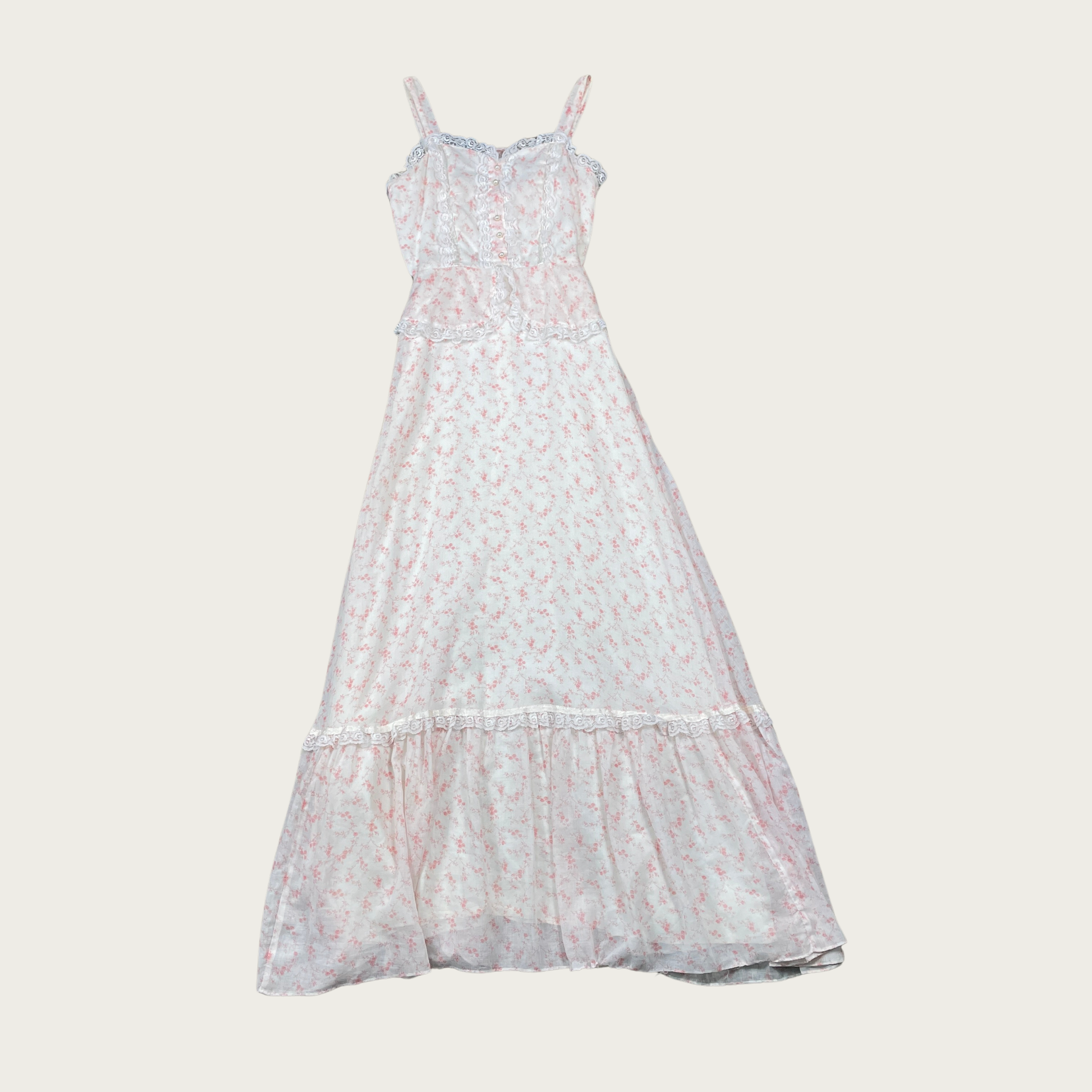 (XS) 60s/70s Pink and White Lace Trim Prairie Maxi Dress (XS) 60s/70s Pink and White Lace Trim Prairie Maxi Dress