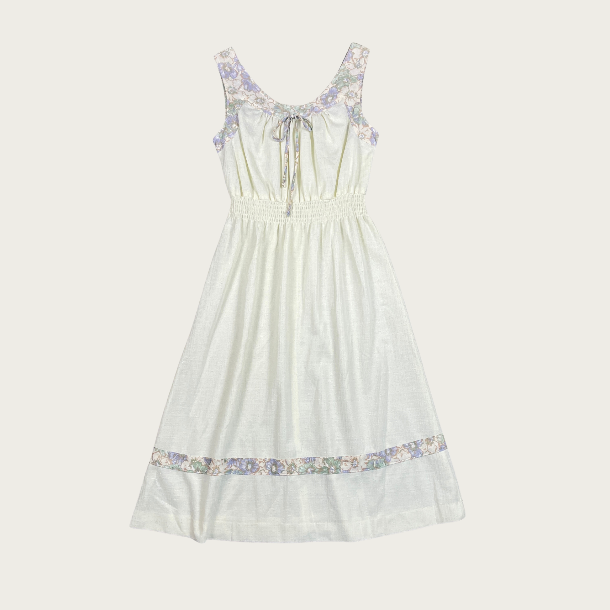 (M) 70s Cream Floral Trim Midi Dress (M) 70s Cream Floral Trim Midi Dress