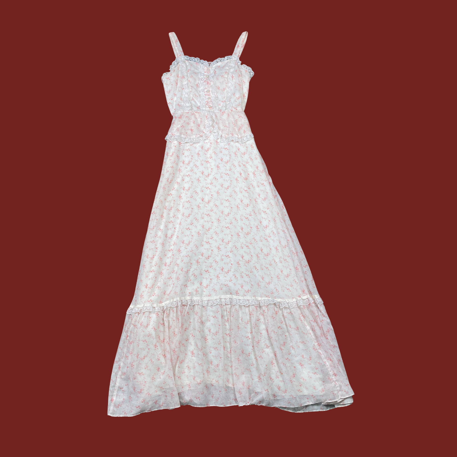 (XS) 60s/70s Pink and White Lace Trim Prairie Maxi Dress (XS) 60s/70s Pink and White Lace Trim Prairie Maxi Dress