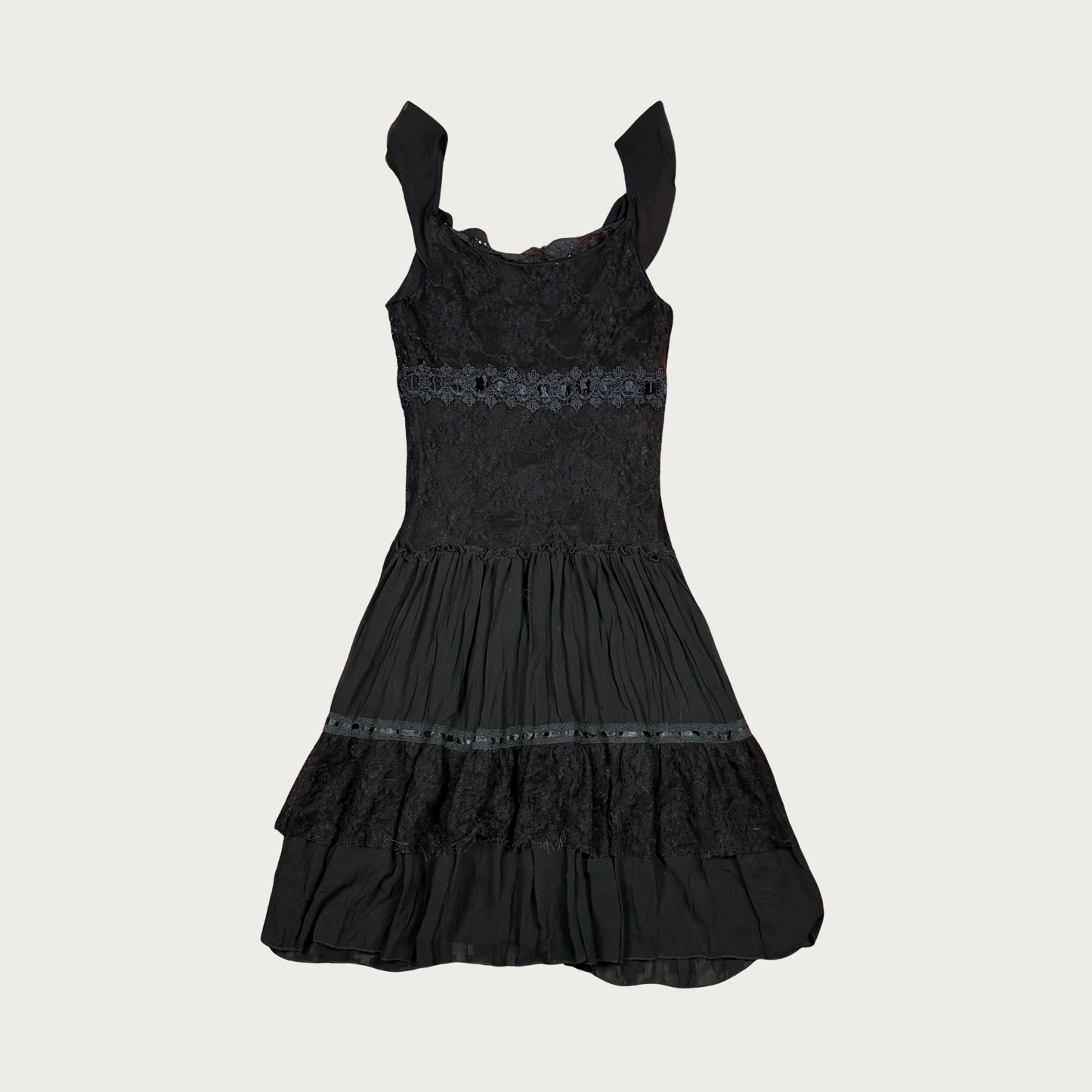 (S) 90s/Y2K Black Lace Beaded Ruffle Midi Dress