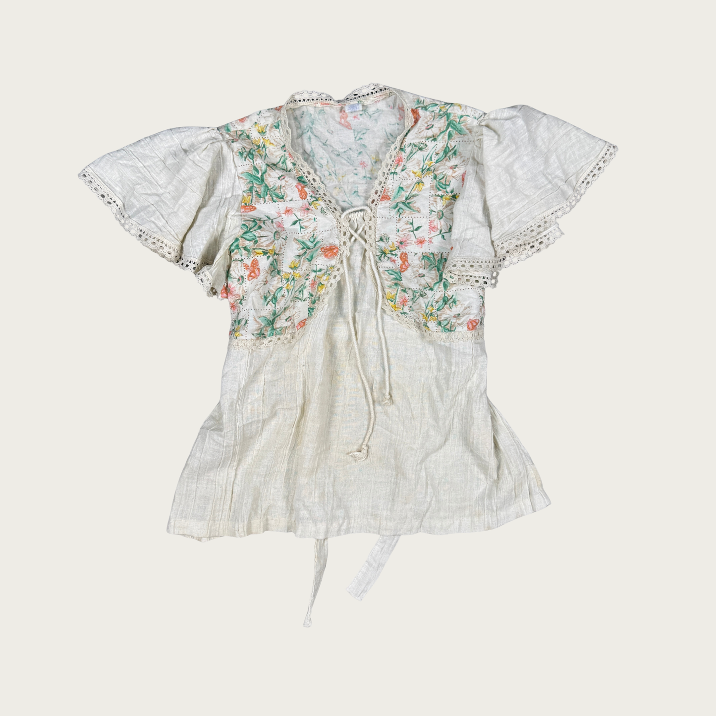 (S) 70s Floral Crochet Trim Top