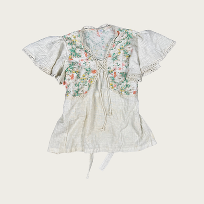 (S) 70s Floral Crochet Trim Top
