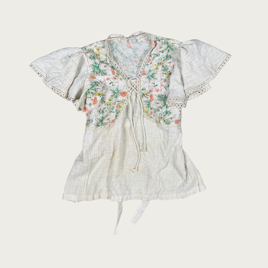 (S) 70s Floral Crochet Trim Top