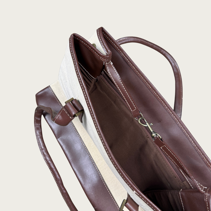 Genuine Leather Trim Cream/Brown Shoulder Bag