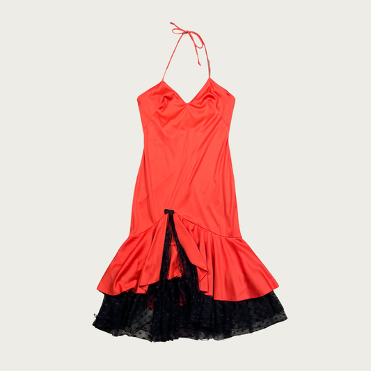 (S/M) 70s Fredericks of Hollywood Red Halter Ruffle Dress