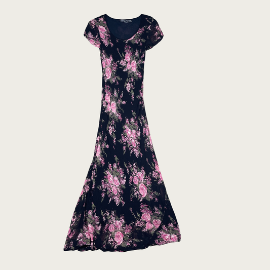 (S) 90s/Y2K Bias Cut Black and Pink Floral Short Sleeve Maxi Dress
