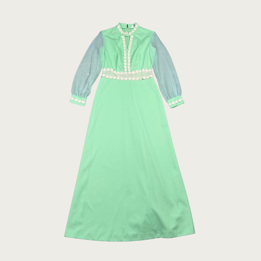 (S/M) 60s/70s Mint Green Crochet Trim Maxi Dress