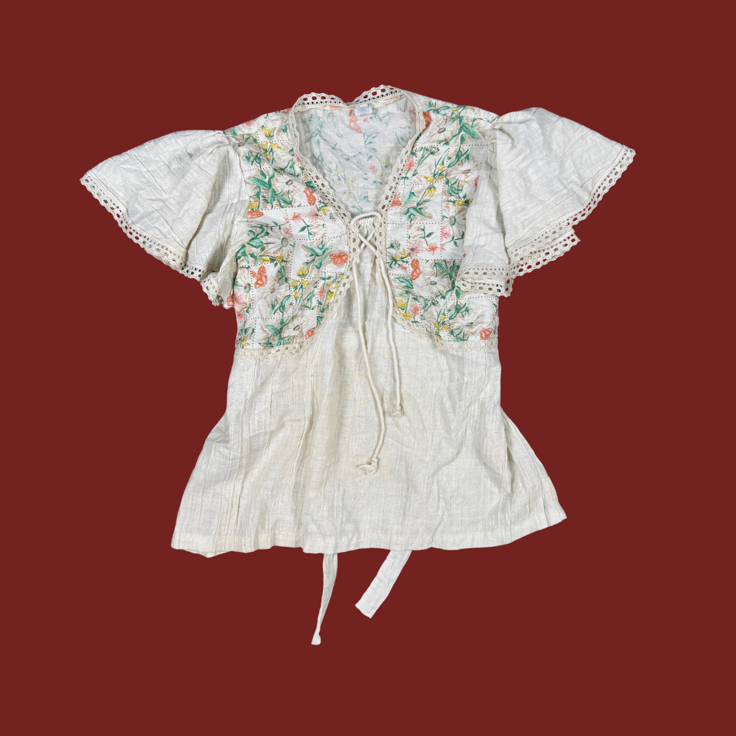 (S) 70s Floral Crochet Trim Top