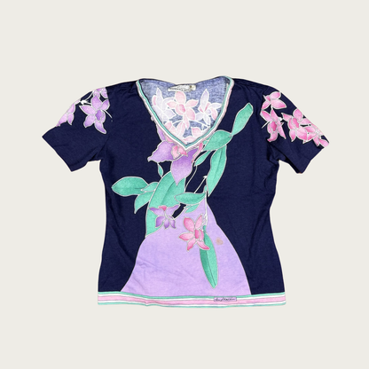 (S/M) 70s Floral Print V Neck Tee