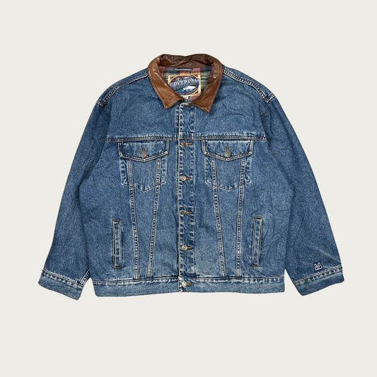 (2XL) Leather Collar Denim Jacket