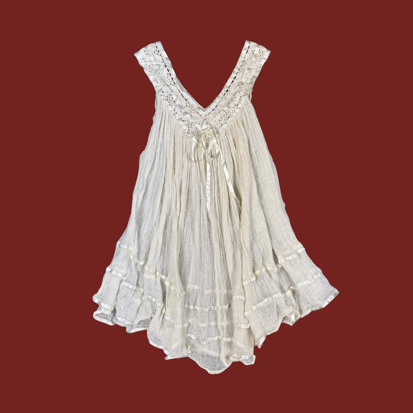 (S/M) Cream Gauze Ribbon Trim Mini Dress/Tunic