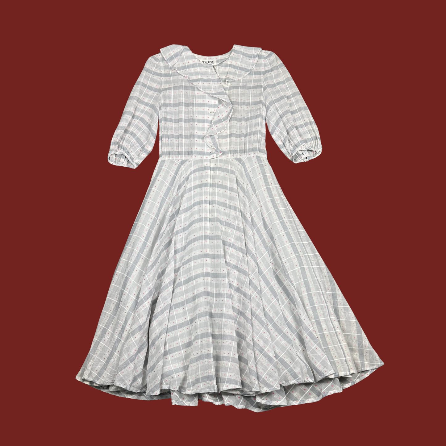 (S) 80s Light Gray Plaid Sheer Midi Dress