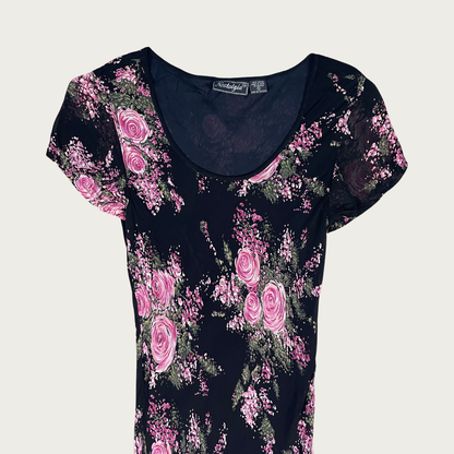 (S) 90s/Y2K Bias Cut Black and Pink Floral Short Sleeve Maxi Dress
