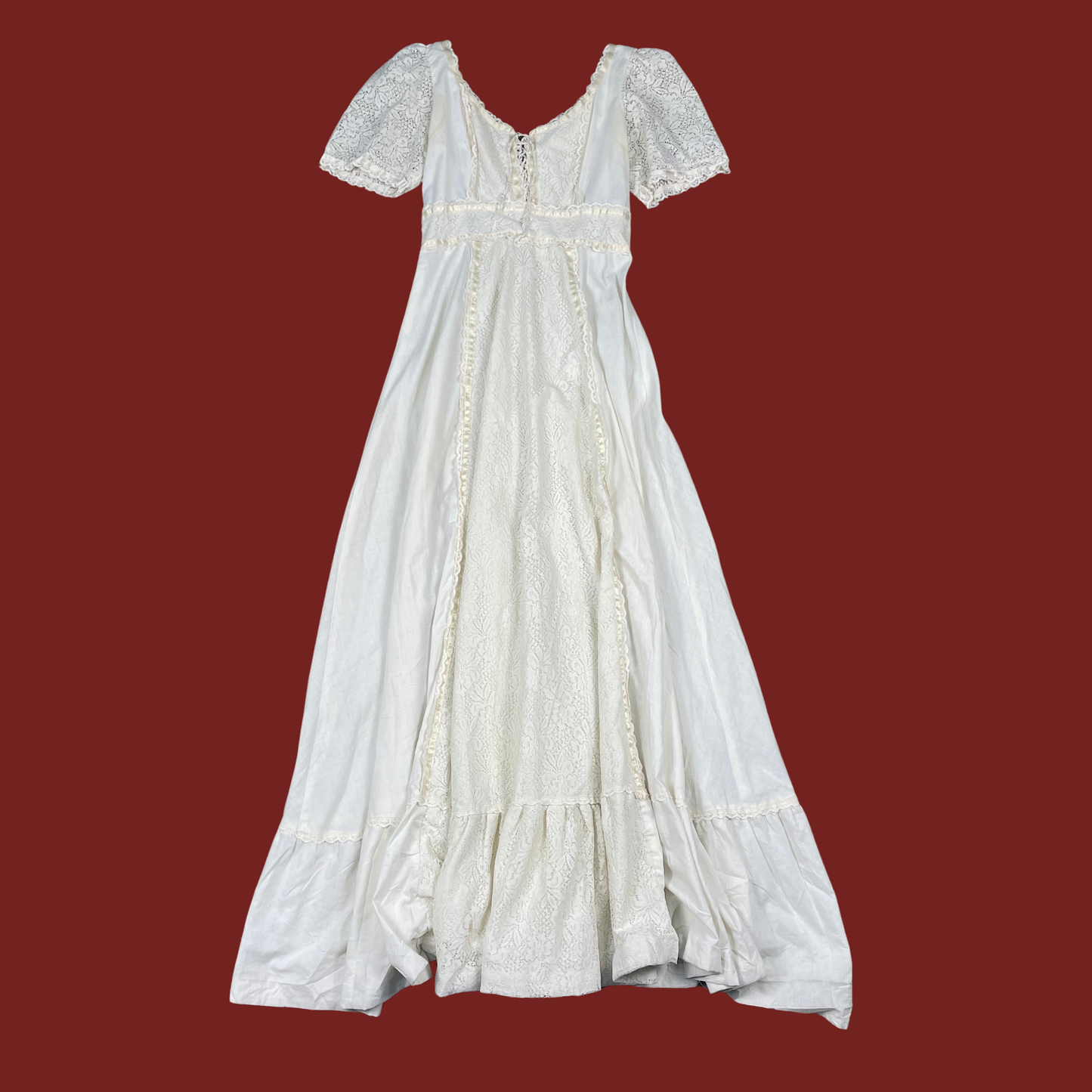 S/M) 70s White Lace Trim Prairie Maxi Dress The Clothing Warehouse S/M) 70s White Lace Trim Prairie Maxi Dress The Clothing Warehouse