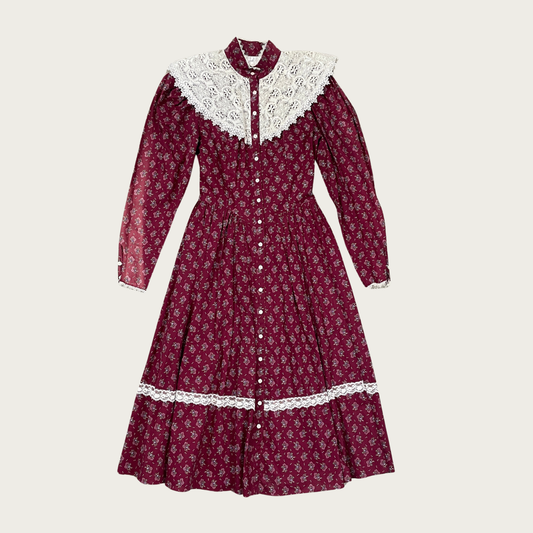 (S) Maroon Floral Lace Collar Prairie Midi Dress