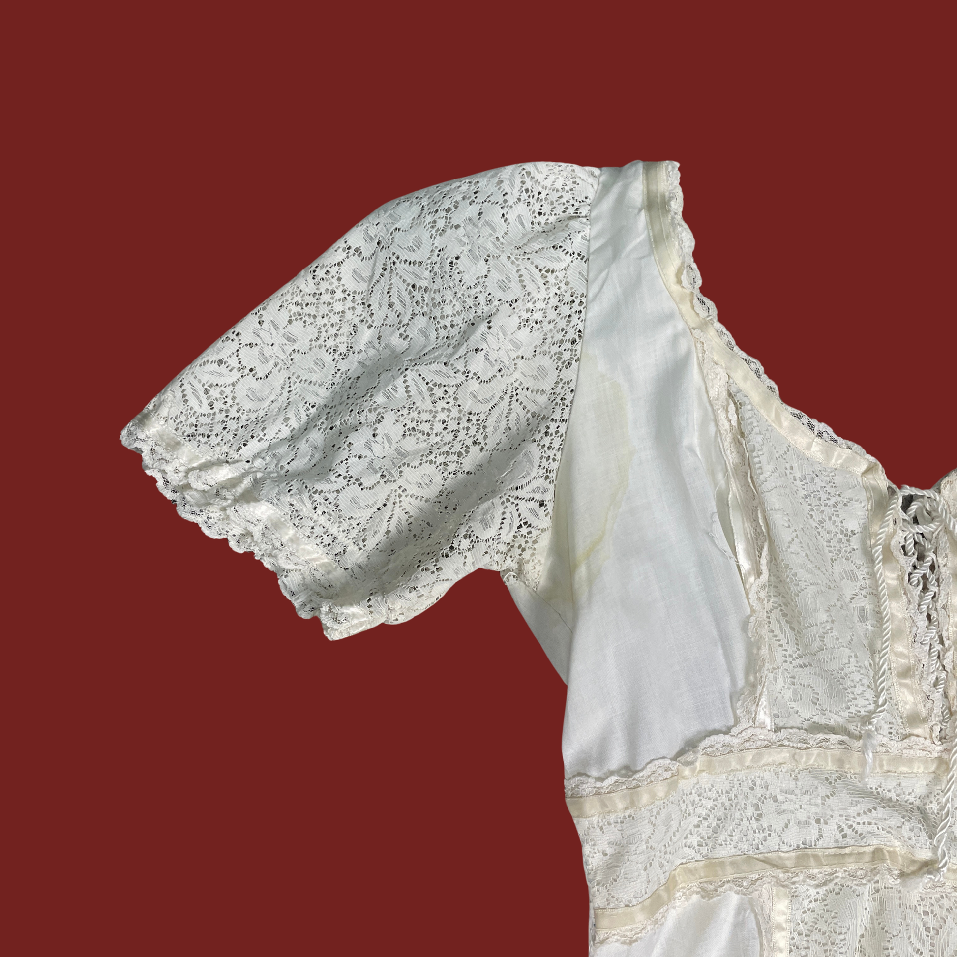 S/M) 70s White Lace Trim Prairie Maxi Dress The Clothing Warehouse S/M) 70s White Lace Trim Prairie Maxi Dress The Clothing Warehouse
