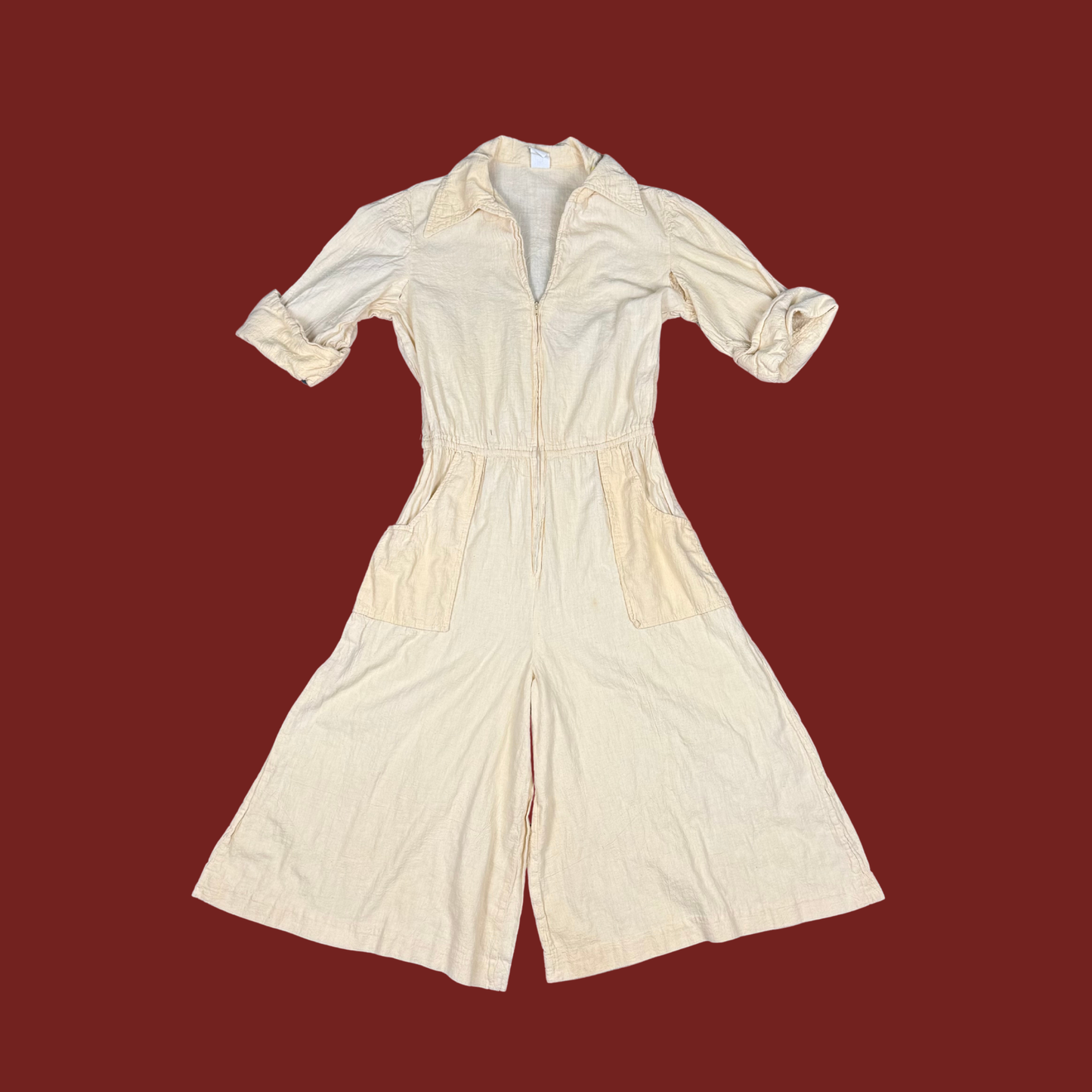 (S) 60s/70s Cream Cotton Cropped Jumpsuit