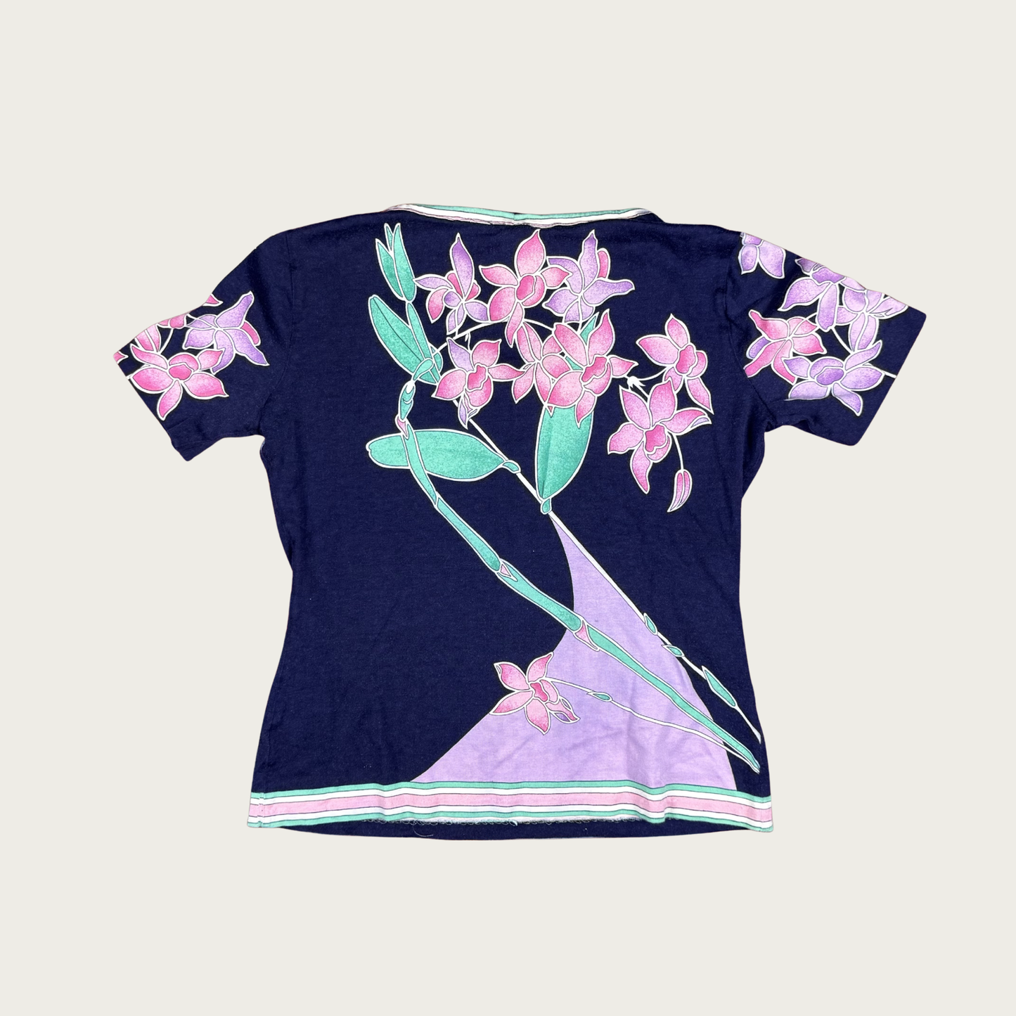 (S/M) 70s Floral Print V Neck Tee