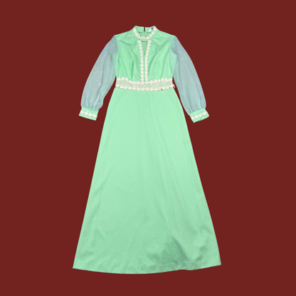 (S/M) 60s/70s Mint Green Crochet Trim Maxi Dress