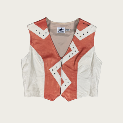 (M/L) 80s/90s Orange/Cream Western Bedazzled Leather Vest