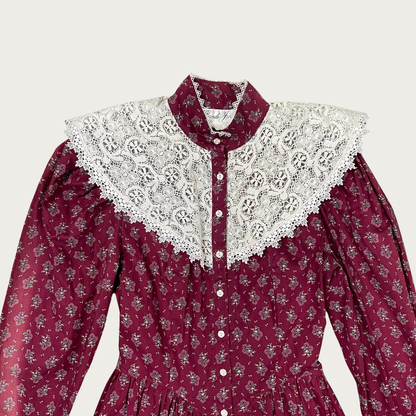 (S) Maroon Floral Lace Collar Prairie Midi Dress