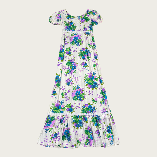 (S) 70s Blue and Purple Floral Vintage Empire Waist Maxi Dress