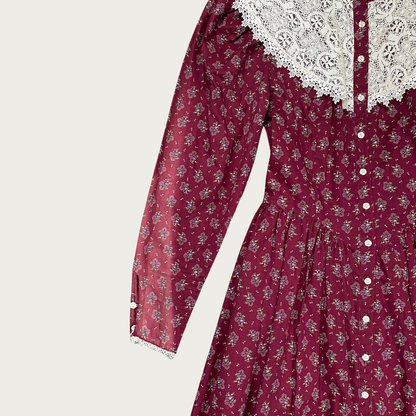 (S) Maroon Floral Lace Collar Prairie Midi Dress