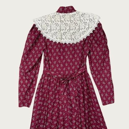 (S) Maroon Floral Lace Collar Prairie Midi Dress