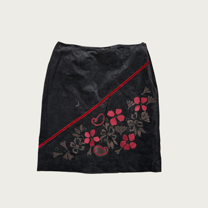 (32") Black/Red Floral Corduroy Midi Skirt