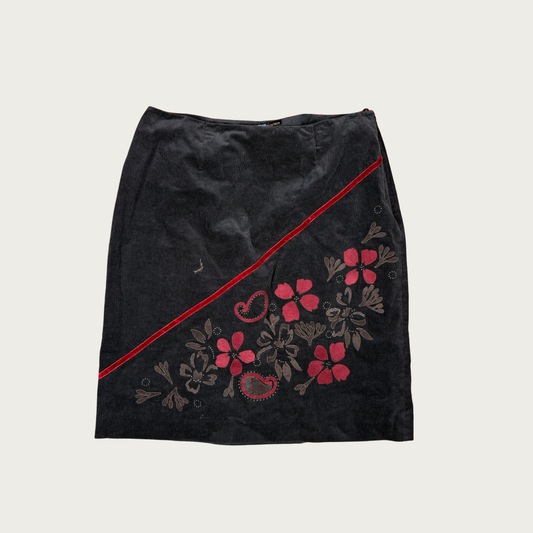 (32") Black/Red Floral Corduroy Midi Skirt