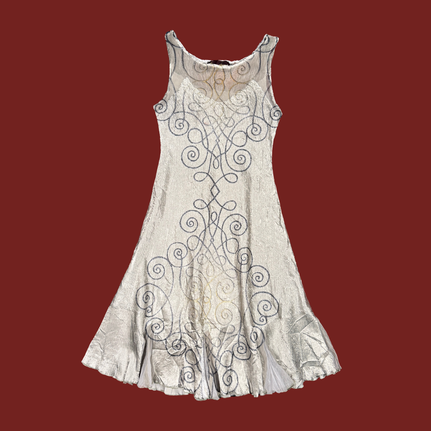 (S/M) Barcelino Silver Swirl Plisse Midi Dress