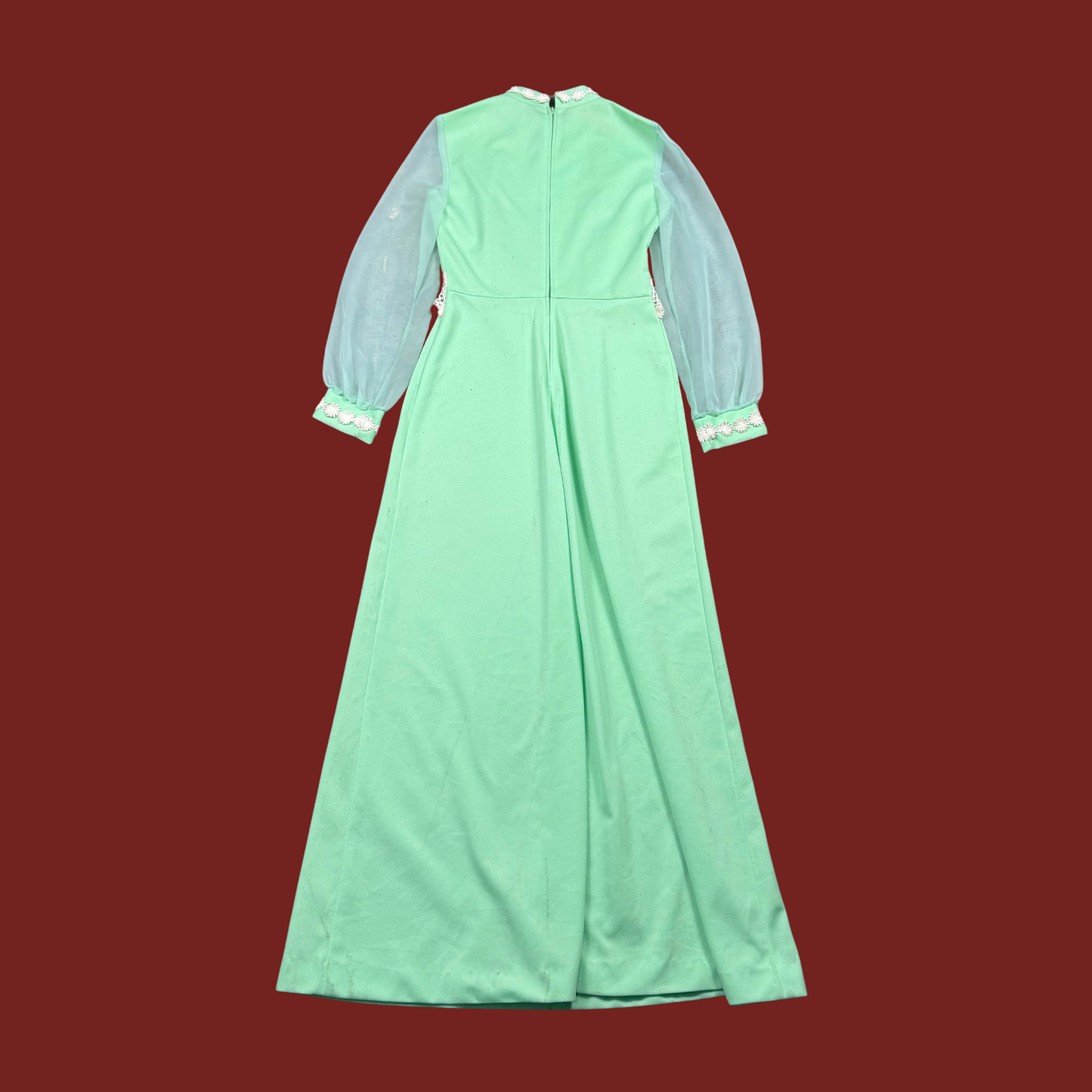 (S/M) 60s/70s Mint Green Crochet Trim Maxi Dress