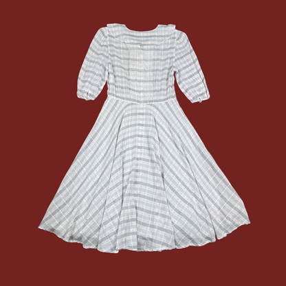 (S) 80s Light Gray Plaid Sheer Midi Dress