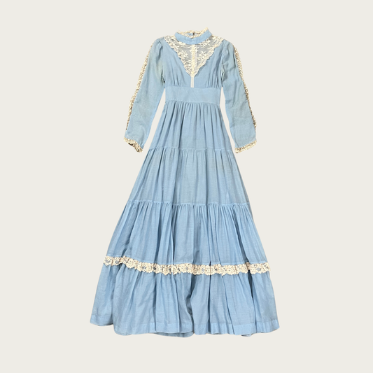(S) 70s Blue Long Sleeve Prairie Maxi Dress