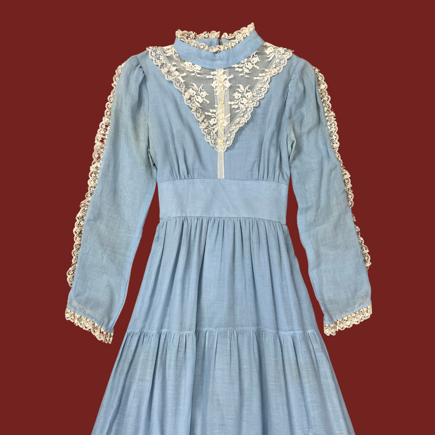 (S) 70s Blue Long Sleeve Prairie Maxi Dress