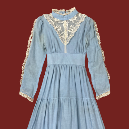 (S) 70s Blue Long Sleeve Prairie Maxi Dress